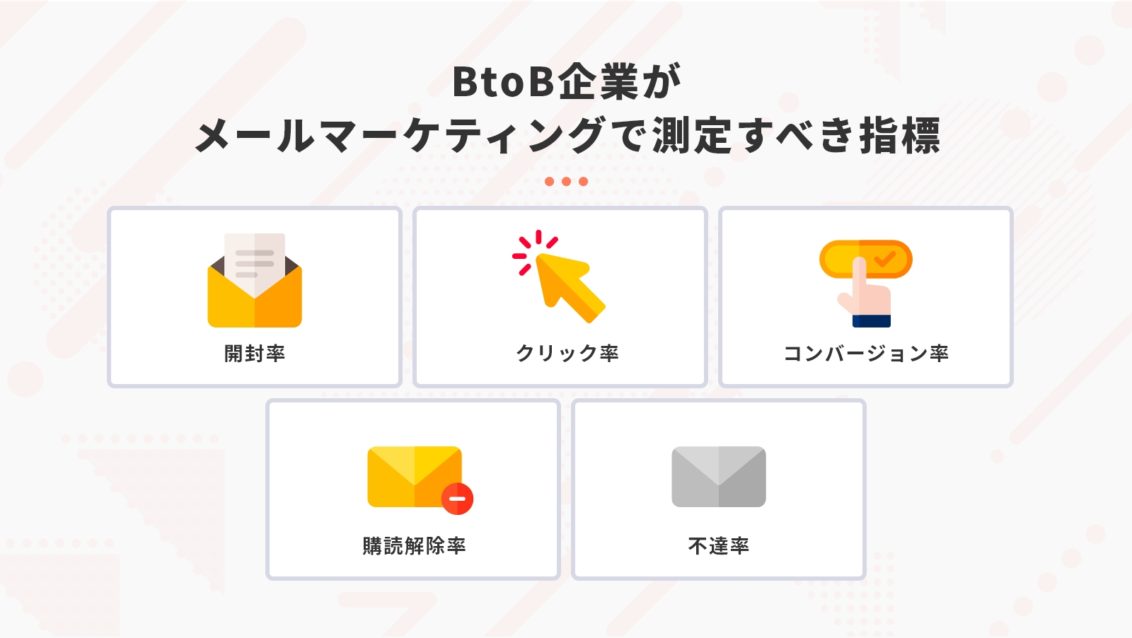 BtoB企業がメールマーケティングで測定すべき指標は「開封率」「クリック率」「コンバージョン率」「購読解除率」「不達率」の5つ。